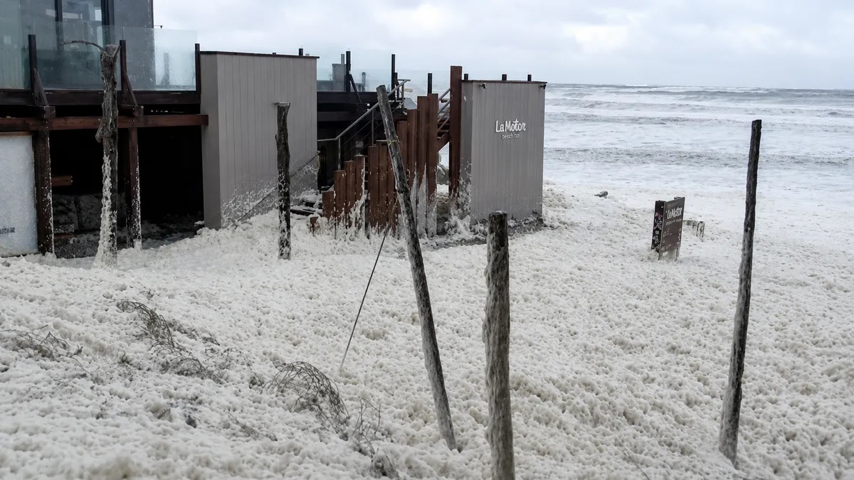 Un colchón de espuma marina cubrió las playas de Quequén 